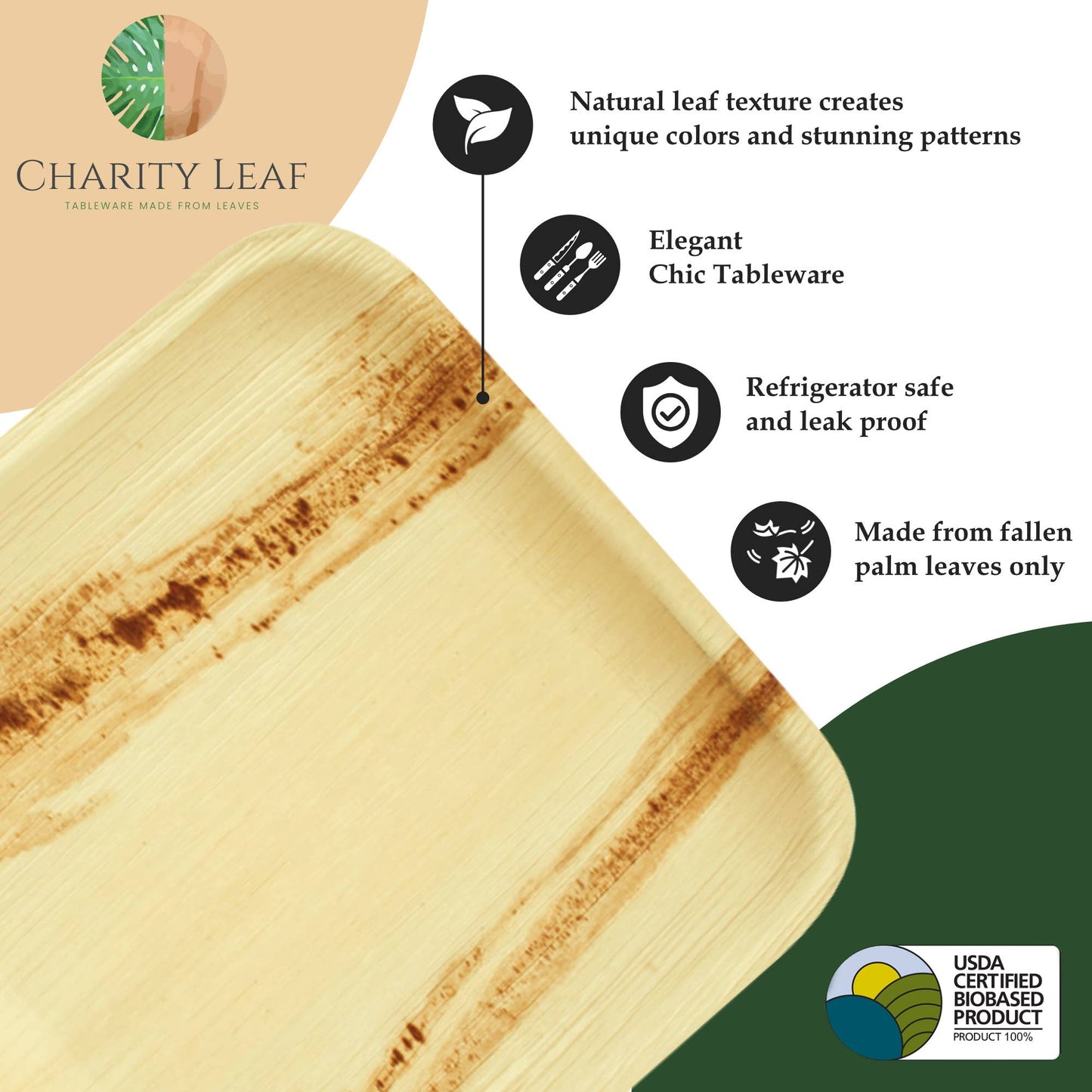 Charity Leaf - Palm Leaf 12x10" Rectangle - 5 Compartment - Pk of 25 Plates