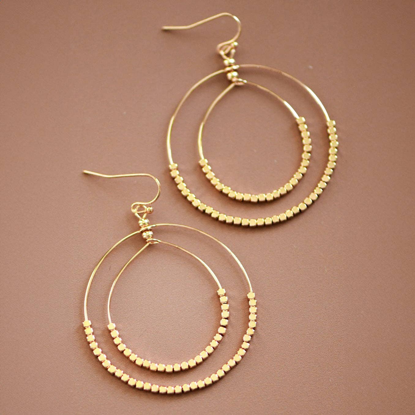 MA220 Mia Accessories - Gold Beaded Double Circle Drop Earrings - 5861