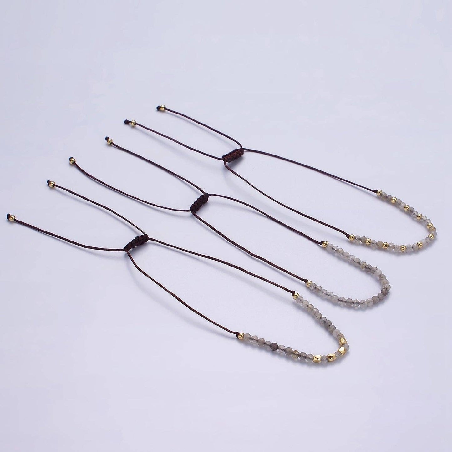Aim Eternal - 14K Gold Filled Gray Jasper Multifaceted Brown Rope Adjustable Friendship Bracelet | WA-2178 ~ WA-2180