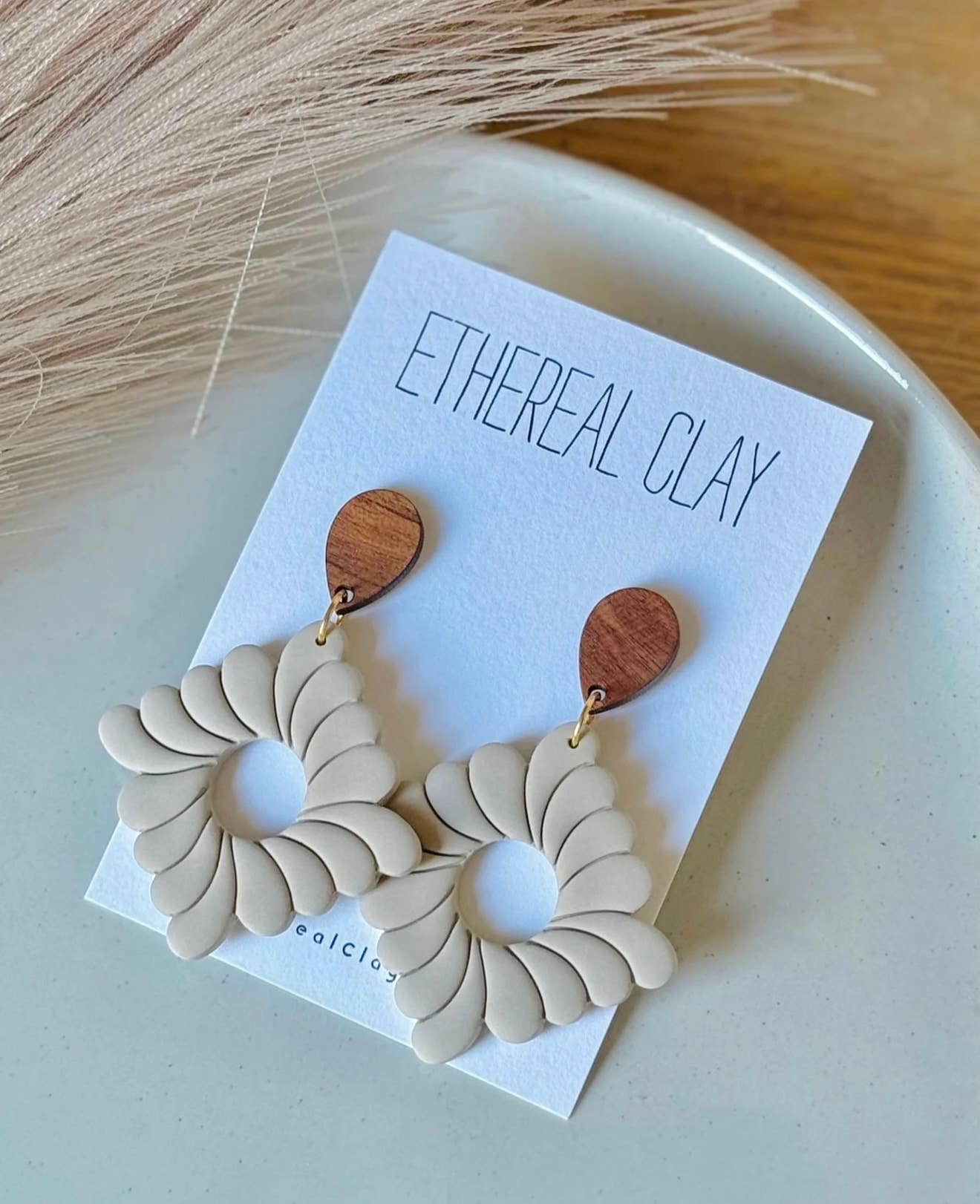 Ethereal Clay - Neutral Scalloped Clay Dangles, Spring Style Earrings 