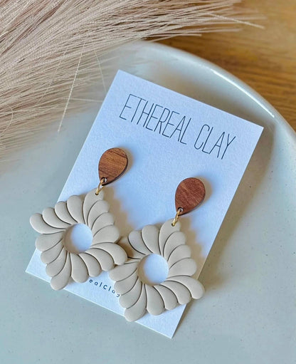 Ethereal Clay - Neutral Scalloped Clay Dangles, Spring Style Earrings 