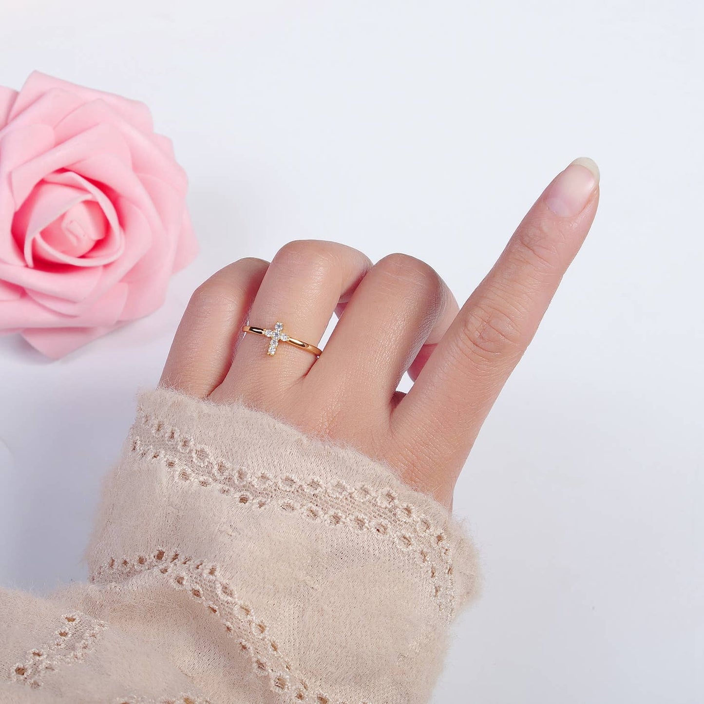 Aim Eternal - Minimalist Holy Religious CZ Crystal Cross Gold Ring O2140