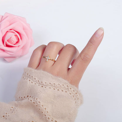 Aim Eternal - Minimalist Holy Religious CZ Crystal Cross Gold Ring O2140