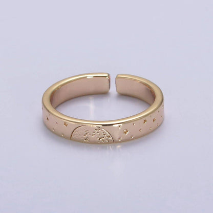 Aim Eternal - Gold Celestial Astronomy RING SET, Engraved Sun & Moon & Stars Gold Band Rings, 16K Gold Filled Adjustable Rings U-442