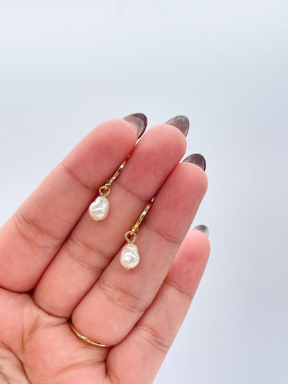 Milie Jewels - 18k Gold Filled Dainty Dangling Hoop With Small Pearl Charm