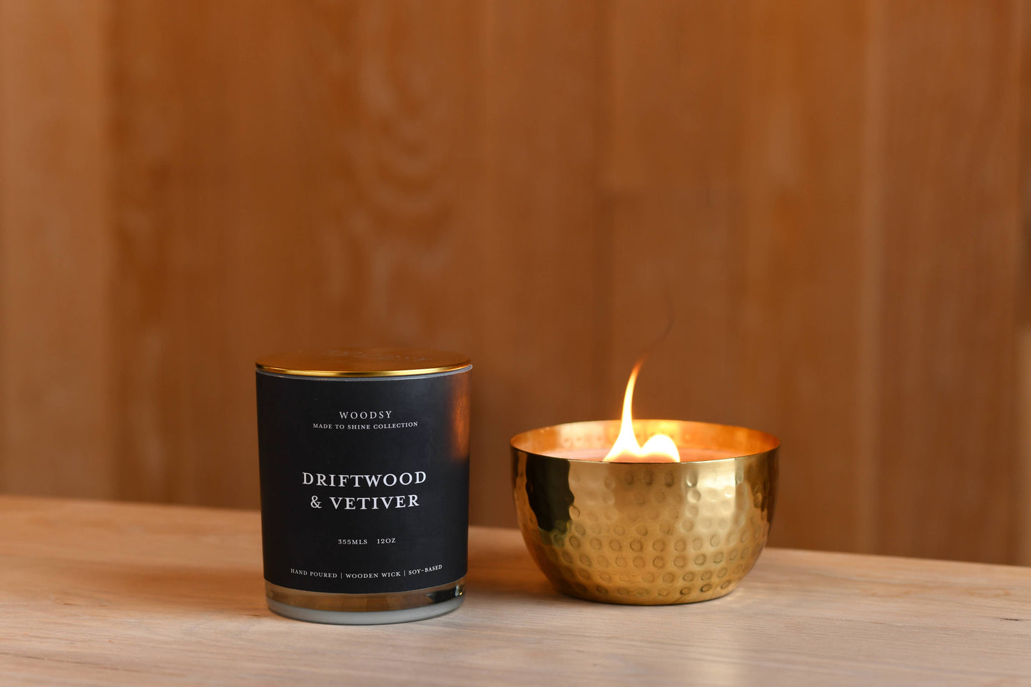 Woodsy Homelife - Driftwood & Vetiver-Solid Brass 14oz Pure Soy Candle