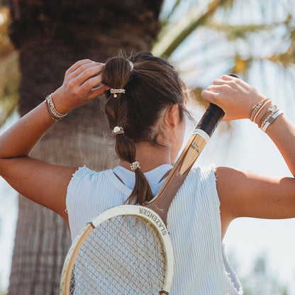 K'lani hair tie bracelets - "Rise" Cream and Tan With Gold & Sun Accents Hair Tie Bracelets