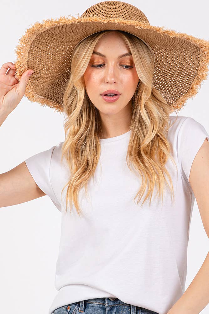 Hana - Frayed Edge Two Tone Floppy Summer Straw Hat