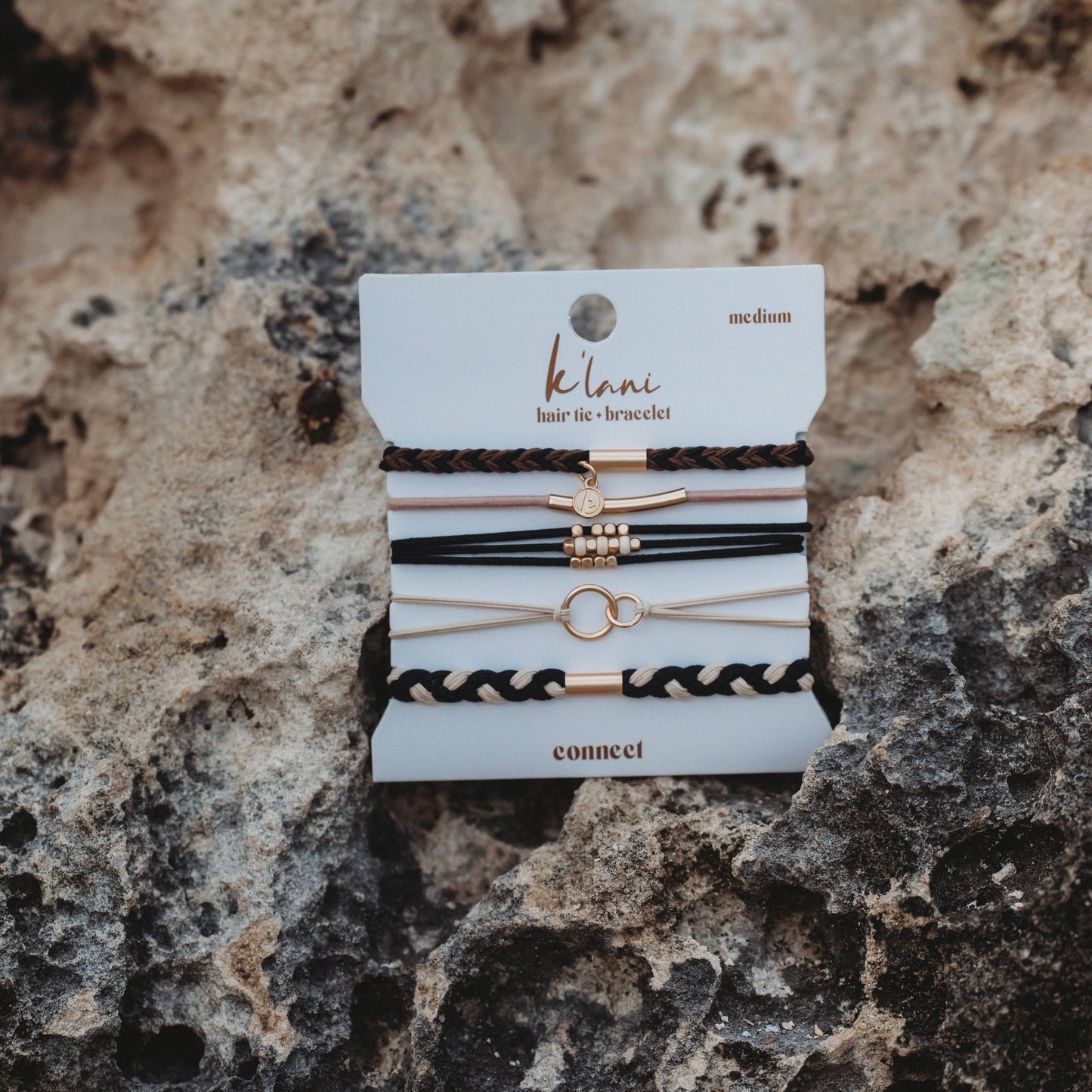 K'lani hair tie bracelets - "Connect" Black & Cream with Gold Accent Hair Tie Bracelets
