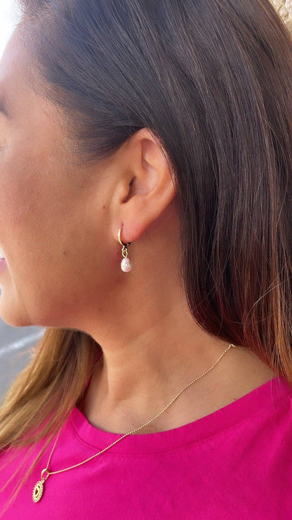 Milie Jewels - 18k Gold Filled Dainty Dangling Hoop With Small Pearl Charm