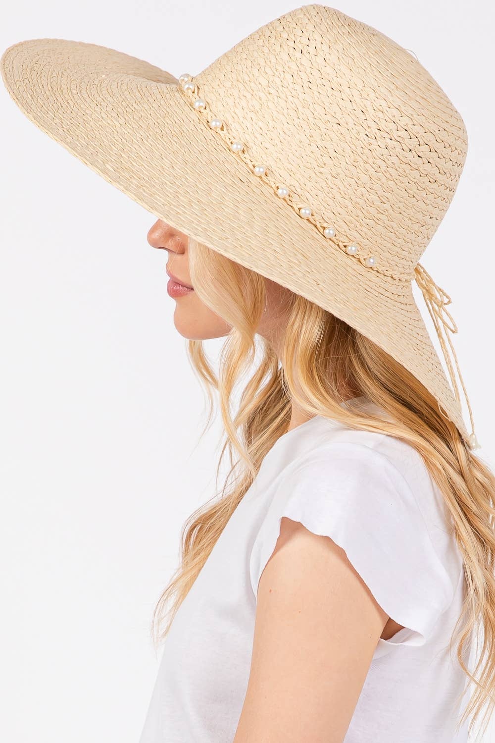 Collections by Fame Accessories - Braided Pearl Band Floppy Sun Hat