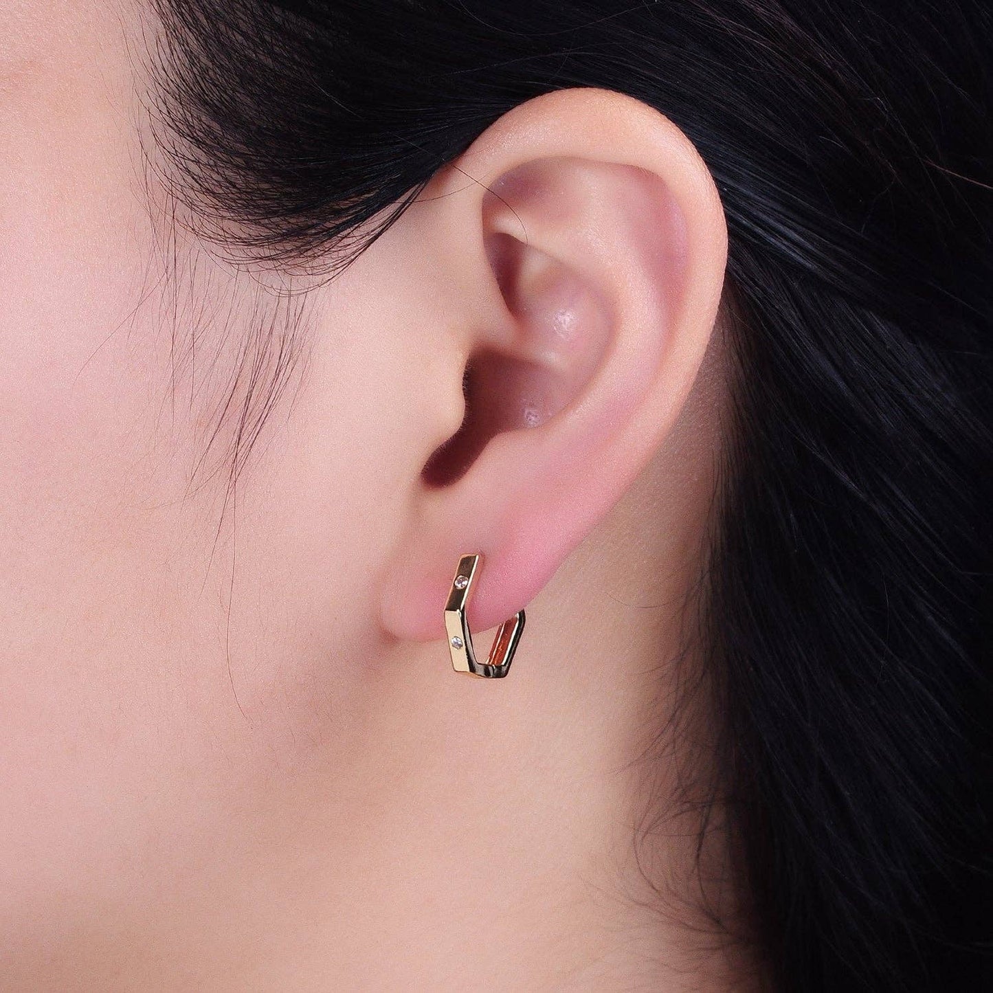 Aim Eternal - Gold Filled Clear CZ Dot Hexagonal Huggie Earrings