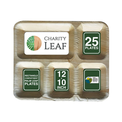 Charity Leaf - Palm Leaf 12x10" Rectangle - 5 Compartment - Pk of 25 Plates