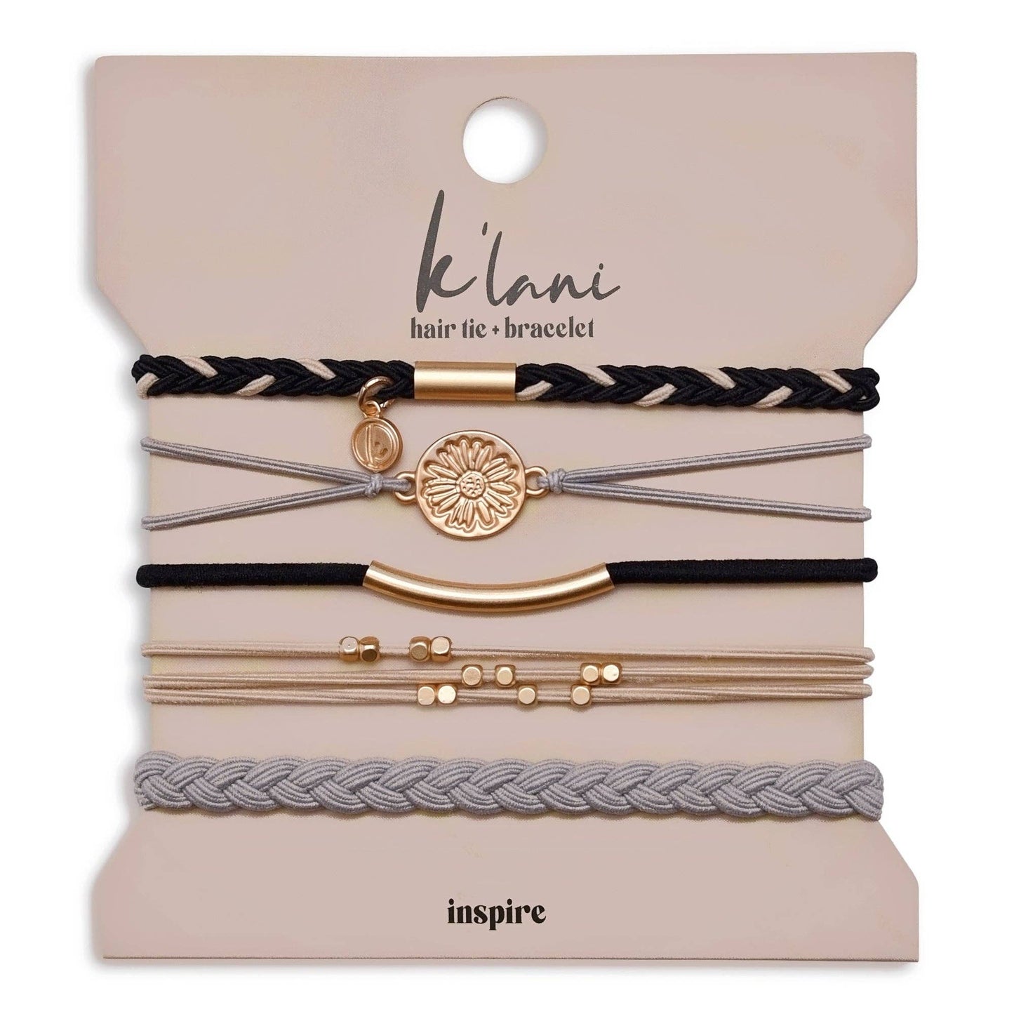 K'lani hair tie bracelets - "Inspire" Grey & Black with Gold Flower Accent Hair Tie Bracelets