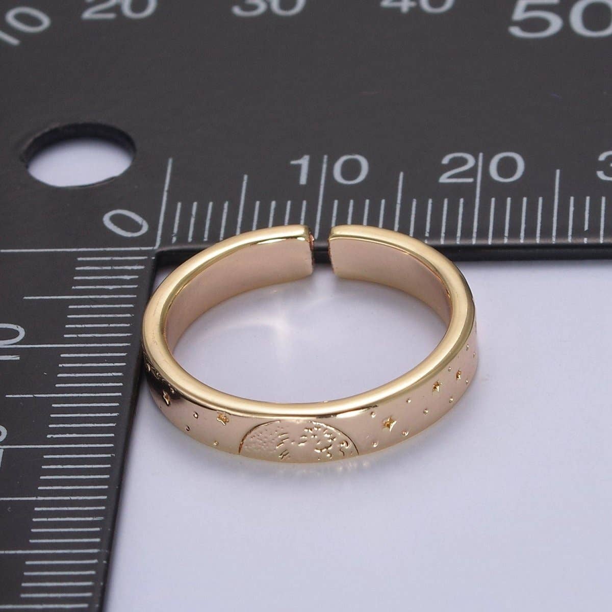 Aim Eternal - Gold Celestial Astronomy RING SET, Engraved Sun & Moon & Stars Gold Band Rings, 16K Gold Filled Adjustable Rings U-442