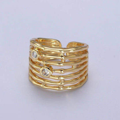 Aim Eternal - Gold Wide Multiple Bamboo Geometric CZ Band Statement Ring | O-068