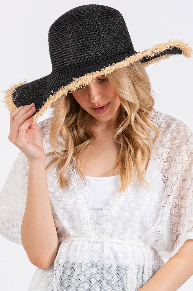 Hana - Frayed Edge Two Tone Floppy Summer Straw Hat