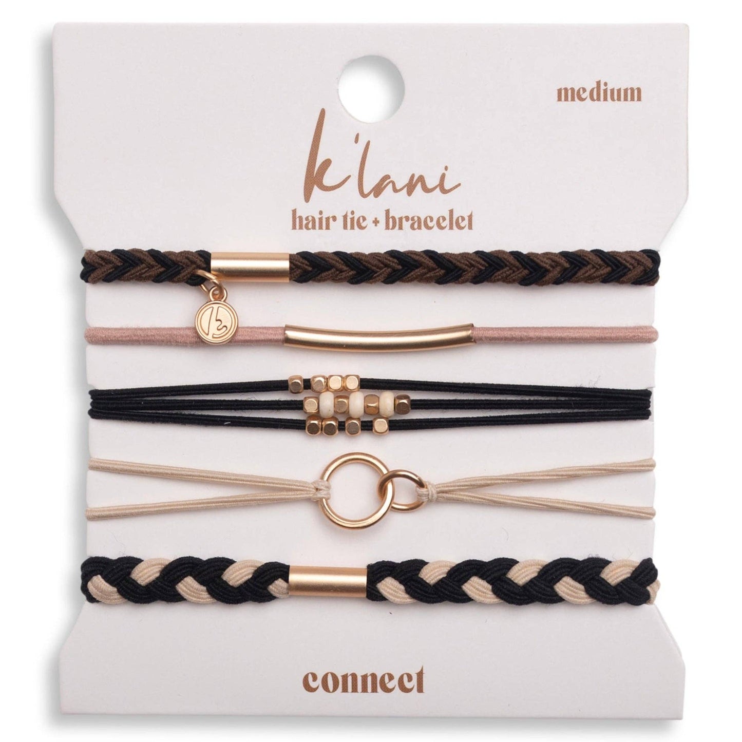 K'lani hair tie bracelets - "Connect" Black & Cream with Gold Accent Hair Tie Bracelets