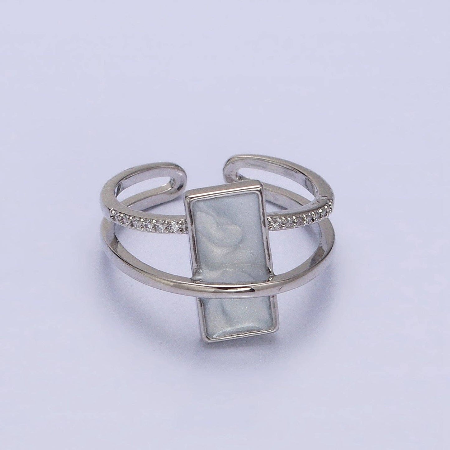 Aim Eternal - White Sparkly Enamel Bar Micro Paved CZ Double Band Ring