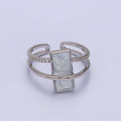Aim Eternal - White Sparkly Enamel Bar Micro Paved CZ Double Band Ring