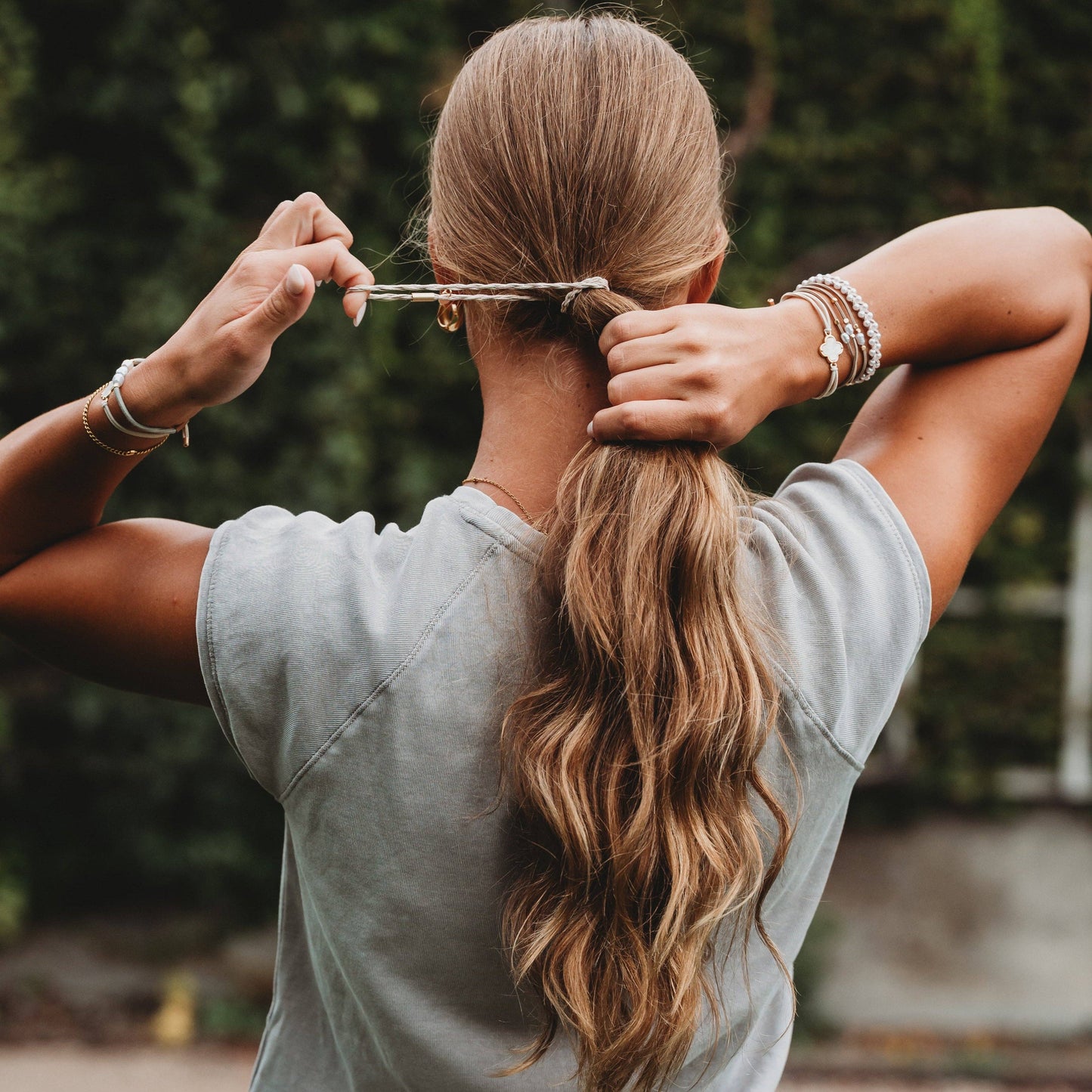 K'lani hair tie bracelets - "Glimmer" Soft Pinks with Pearl & Gold Accent Hair Tie Bracelets