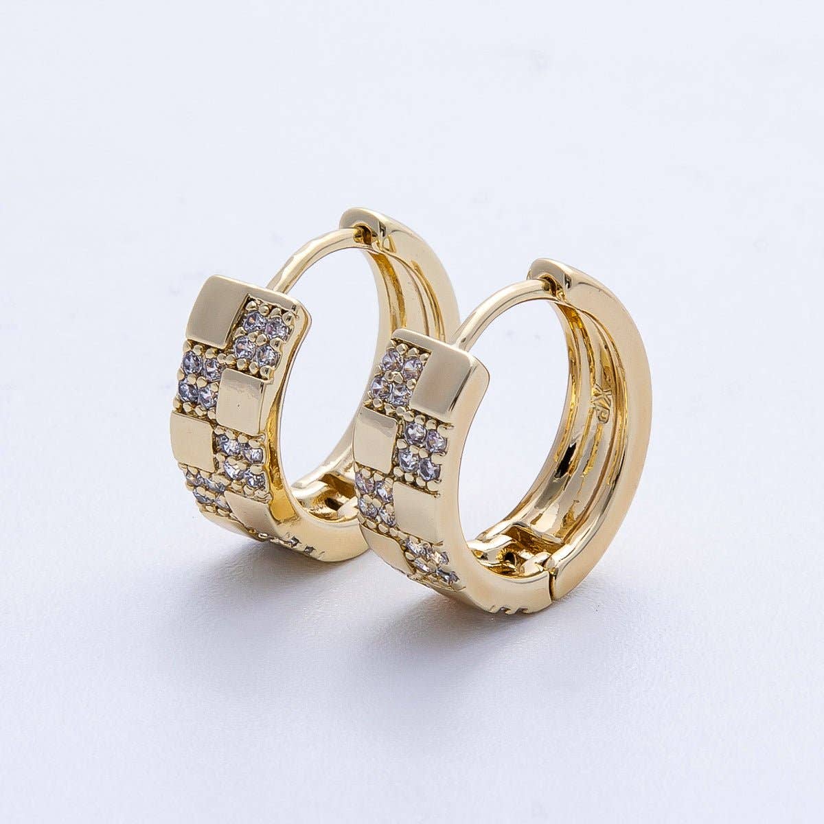 Aim Eternal - 14K Gold Filled 15mm Micro Paved CZ Checkered Huggie | EARRINGS-00249