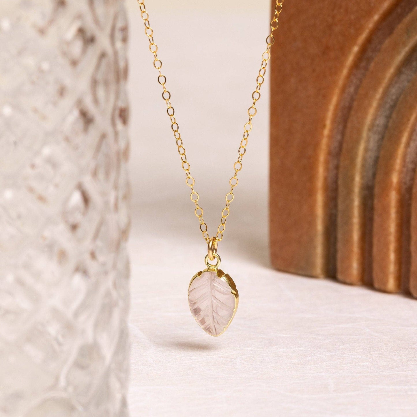 Soul & Little Rose - Rose Quartz Leaf Shape Gemstone Gold Necklace