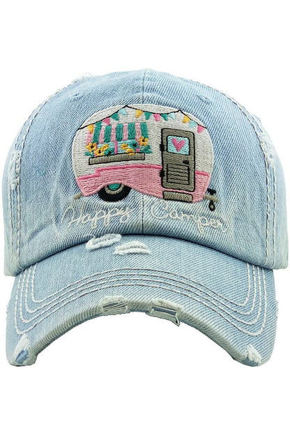 Hana - Embroidered HAPPY CAMPER Washed Vintage Baseball Cap