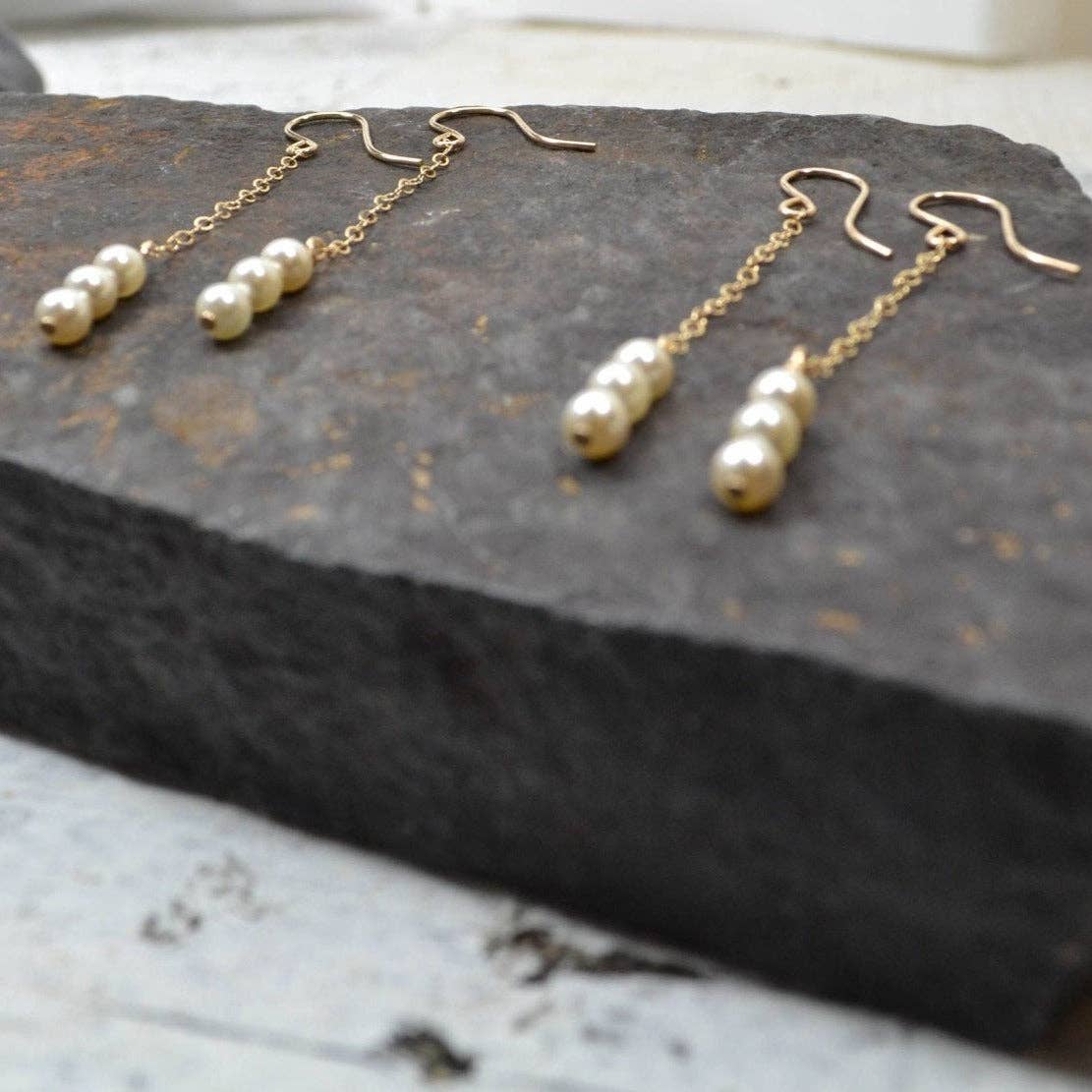 Sela+Sage - 3 Pearl Drop Earrings, Long Pearl Dangle