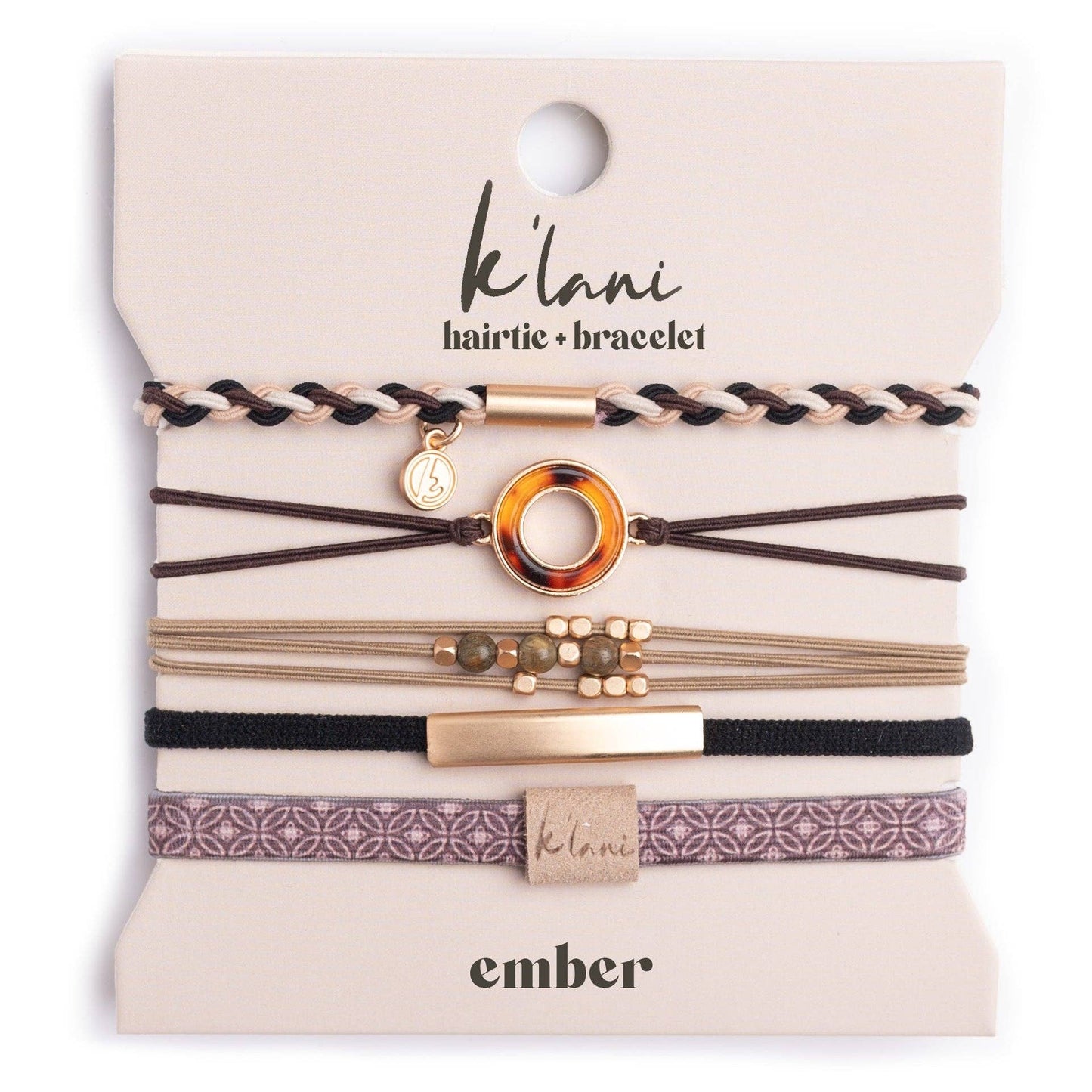 K'lani hair tie bracelets - "Ember" Tortoise Shell Ring Charm with gold, browns and neutrals.