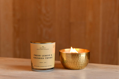 Woodsy Homelife - Fresh Lemon & Crushed Thyme-Solid Brass 14oz Pure Soy Candle