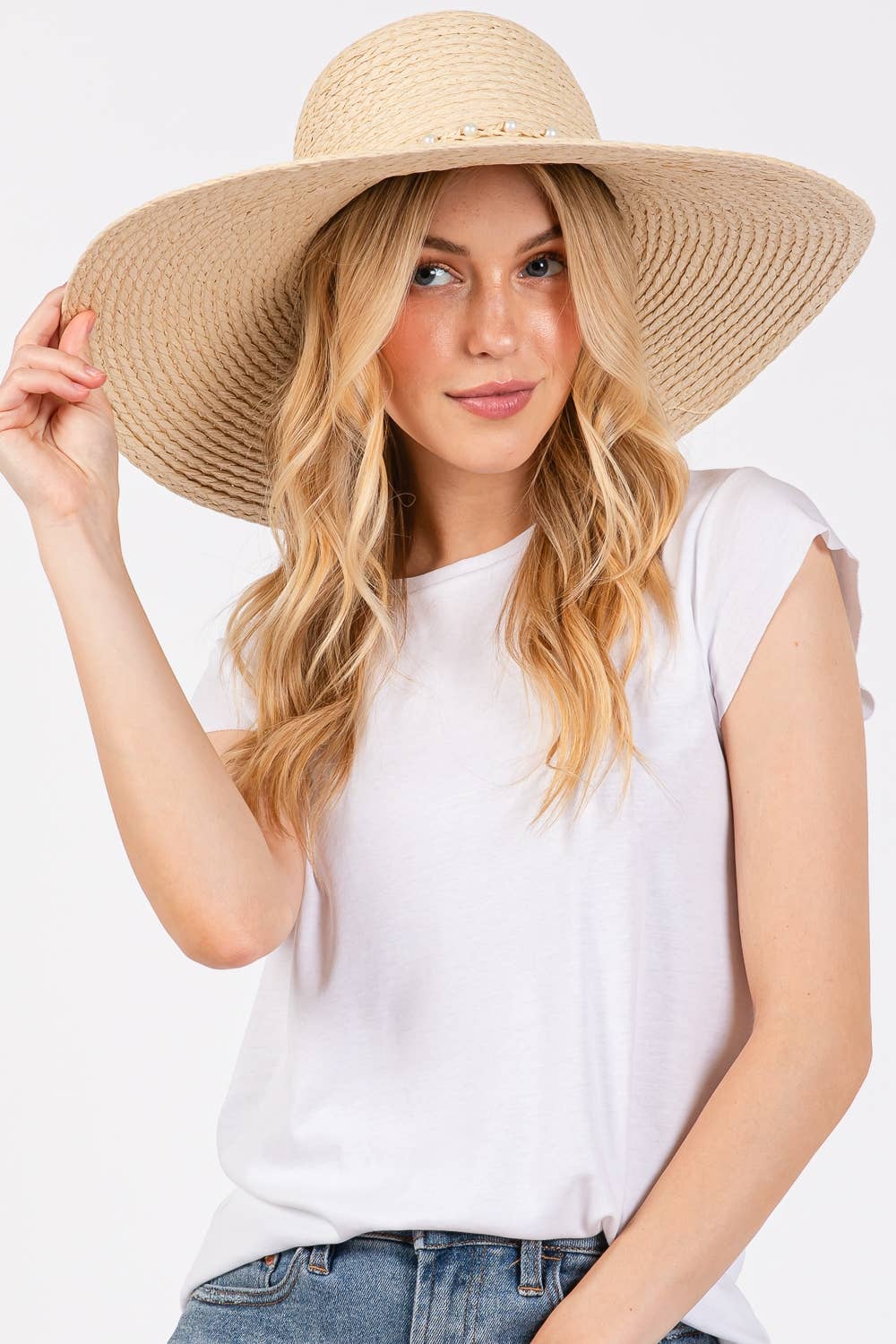 Collections by Fame Accessories - Braided Pearl Band Floppy Sun Hat