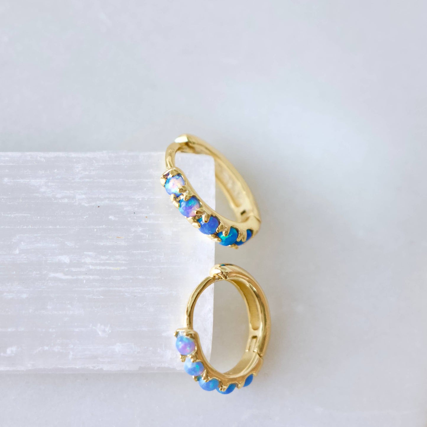 Mesa Blue - Blue Opal Huggie Hoop Earrings Hypoallergenic, Sterling Silv