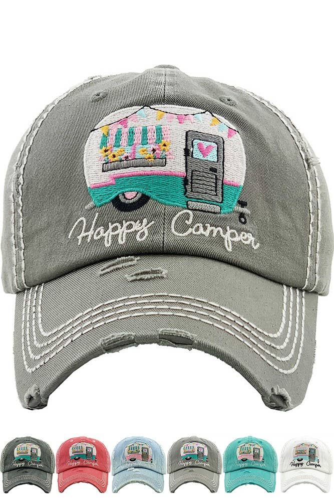 Hana - Embroidered HAPPY CAMPER Washed Vintage Baseball Cap