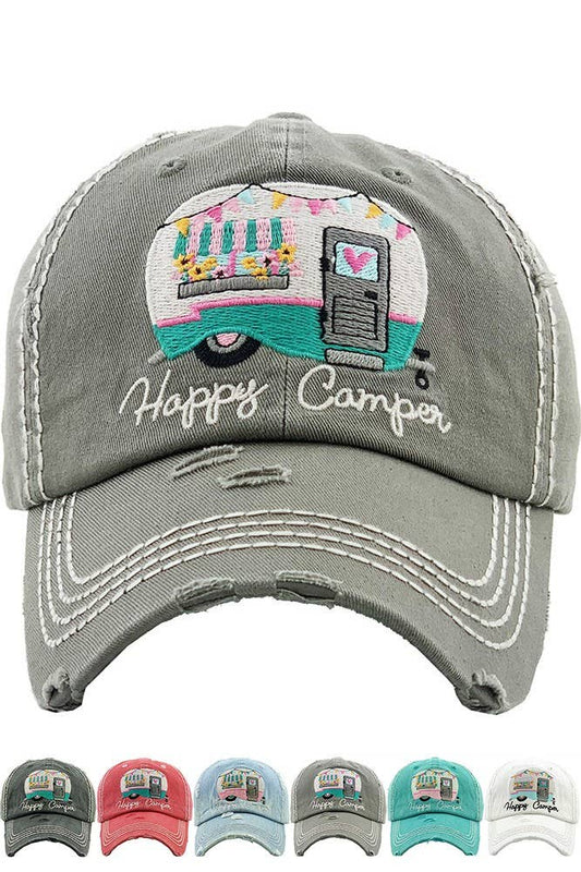 Hana - Embroidered HAPPY CAMPER Washed Vintage Baseball Cap