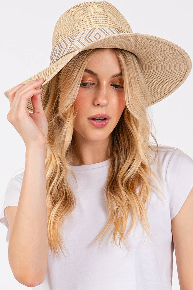 Hana - Aztec Tribal Pattern Band Straw Summer Sun Hat