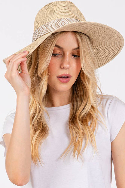 Hana - Aztec Tribal Pattern Band Straw Summer Sun Hat