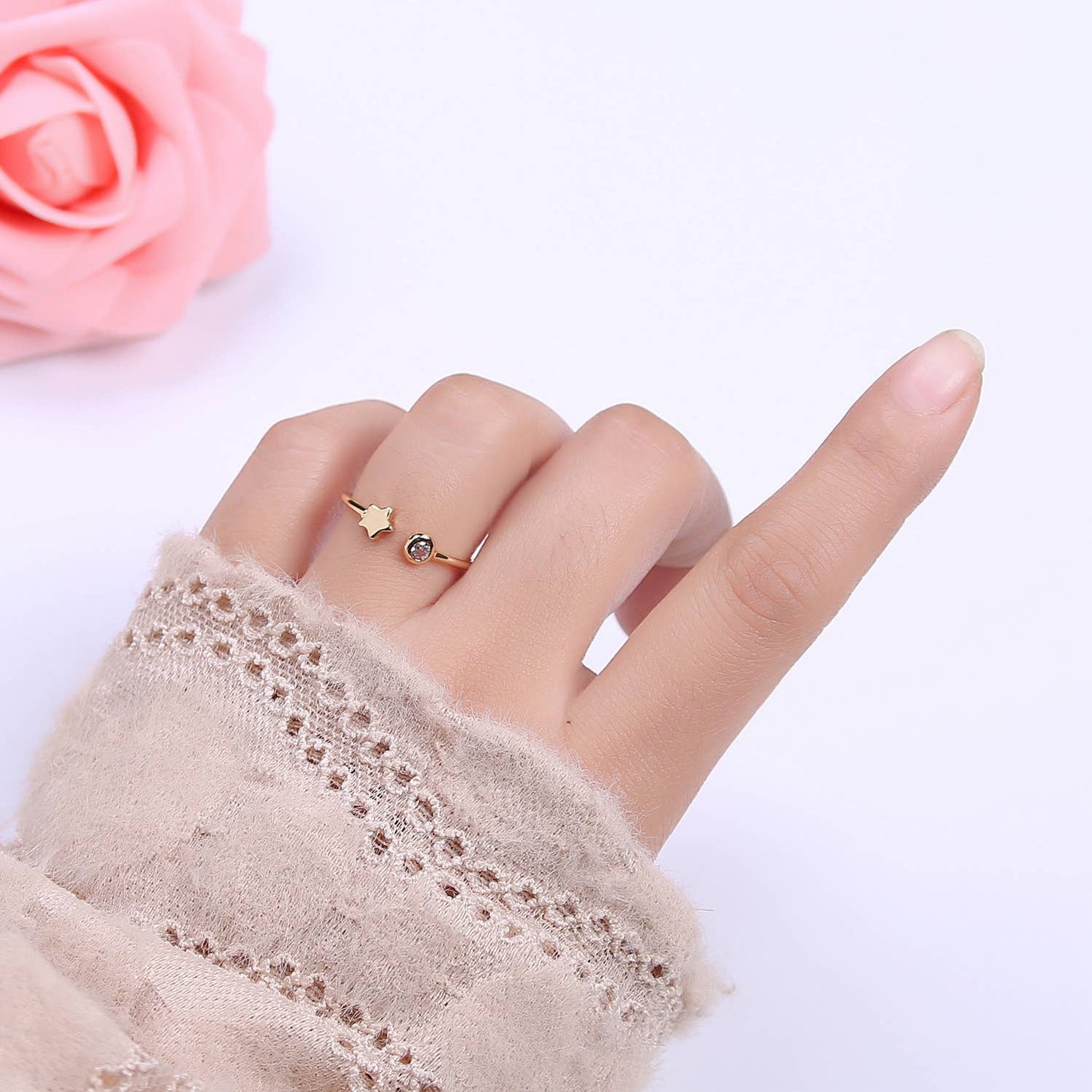 Aim Eternal - Dainty Celestial Mini Star & CZ Stone Adjustable Open Ring