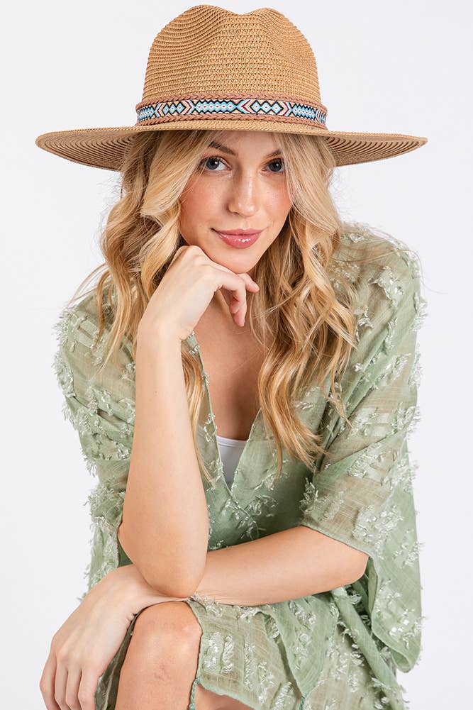 Hana - Woven Boho Aztec Pattern Band Summer Sun Hat