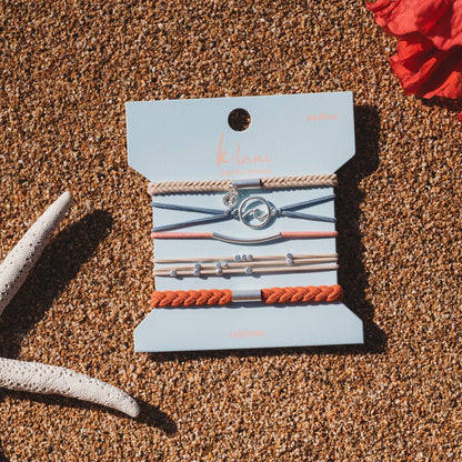 K'lani hair tie bracelets - "Celebrate" Blues and Corals With Silver Wave Charm Hair Tie Bracelets
