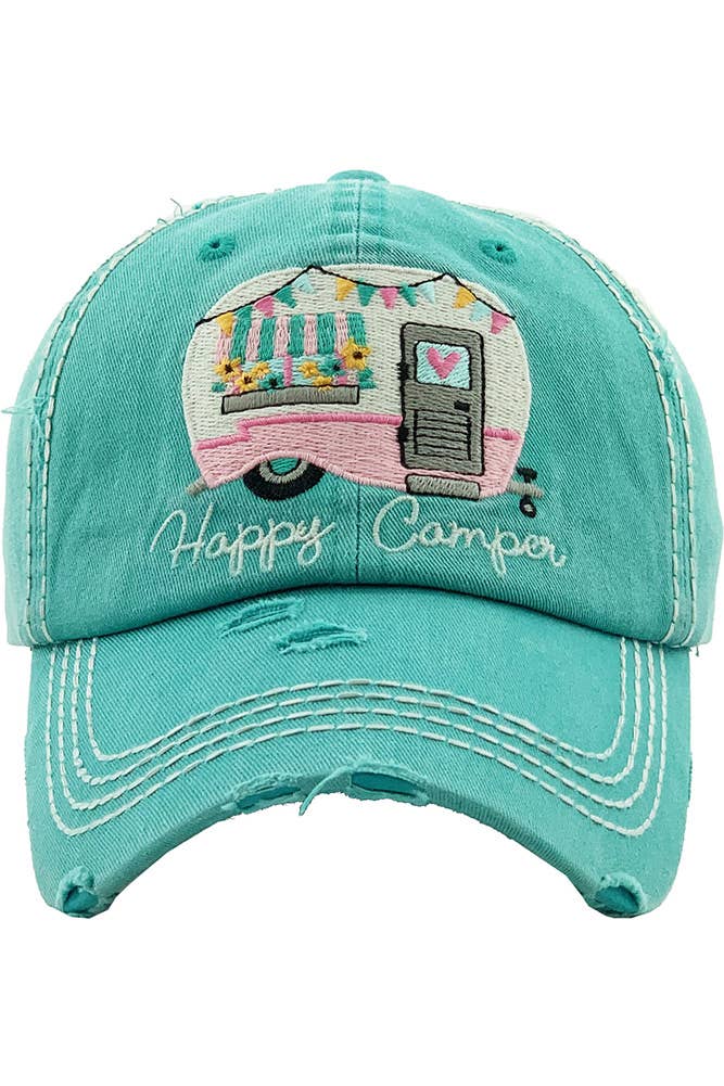 Hana - Embroidered HAPPY CAMPER Washed Vintage Baseball Cap