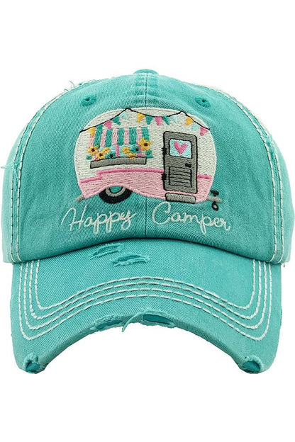Hana - Embroidered HAPPY CAMPER Washed Vintage Baseball Cap