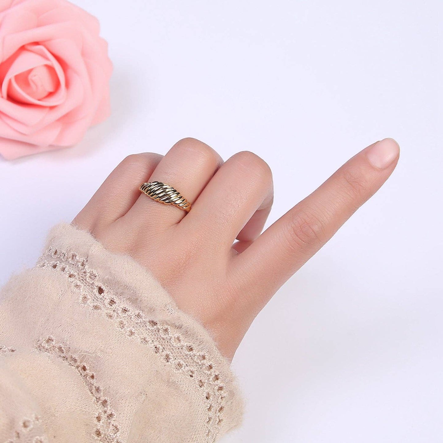 Aim Eternal - 24K Gold Filled Textured Croissant Adjustable Ring, Minimalist Everyday Dome Golden Ring S326