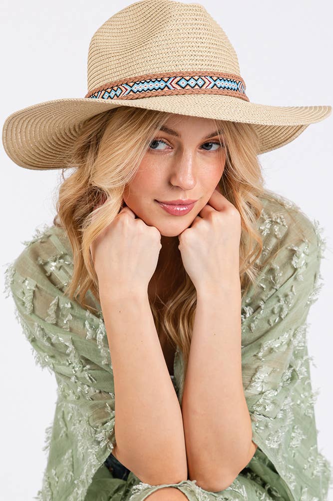 Hana - Woven Boho Aztec Pattern Band Summer Sun Hat