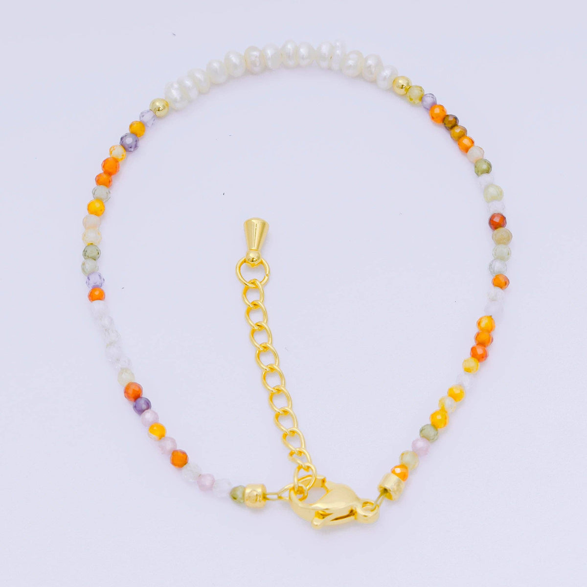 Aim Eternal - 24K Gold Filled Shell Pearl Multifaceted Natural Gemstone Bead 6.69 Inch Bracelet w. Extender | WA-03695 ~ WA-03717