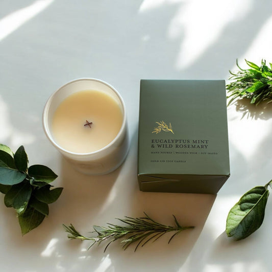 Woodsy Homelife - Eucalyptus Mint & Wild Rosemary lGold Lid Candle & Boutique
