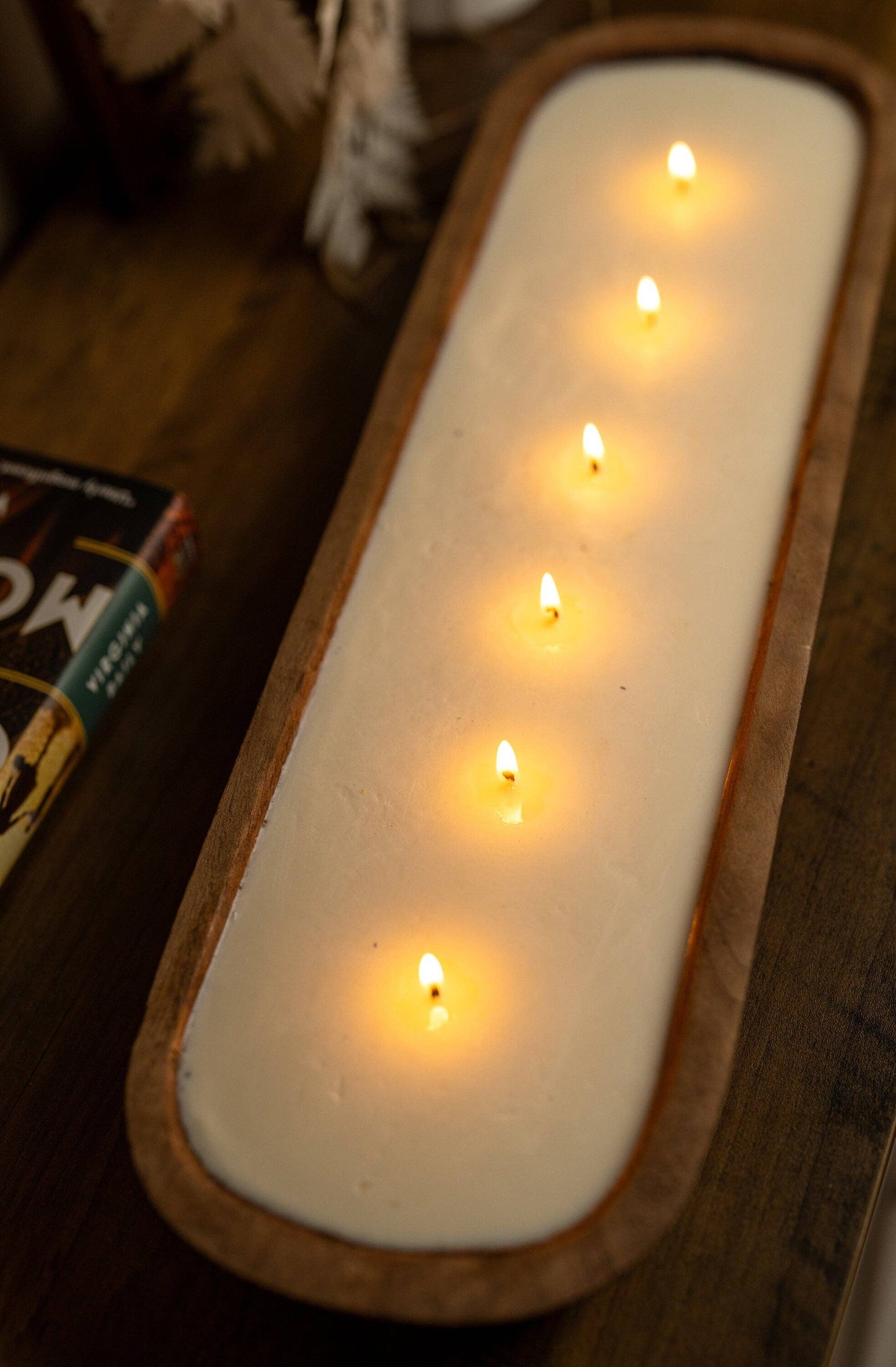 MySunshineCandless - Large Hand Carved 6 Wick Bowl Candle/ Orange Bowl Candle/ Reusable/Wooden Farmhouse Decor/Perfect gifting/ Christmas Holidays