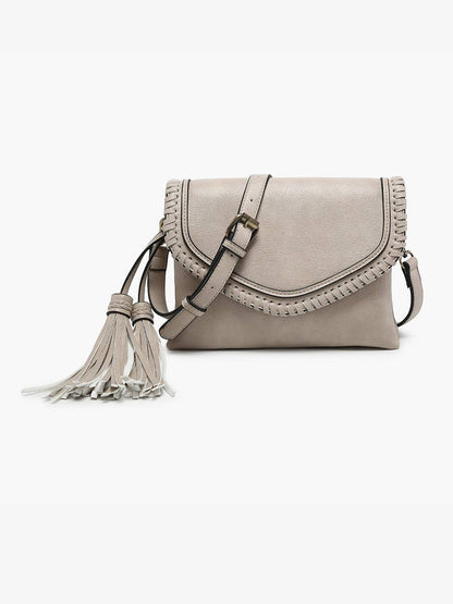 Jen & Co. - M1802A Sloane Flapover Crossbody w/ Whipstitch and Tassel