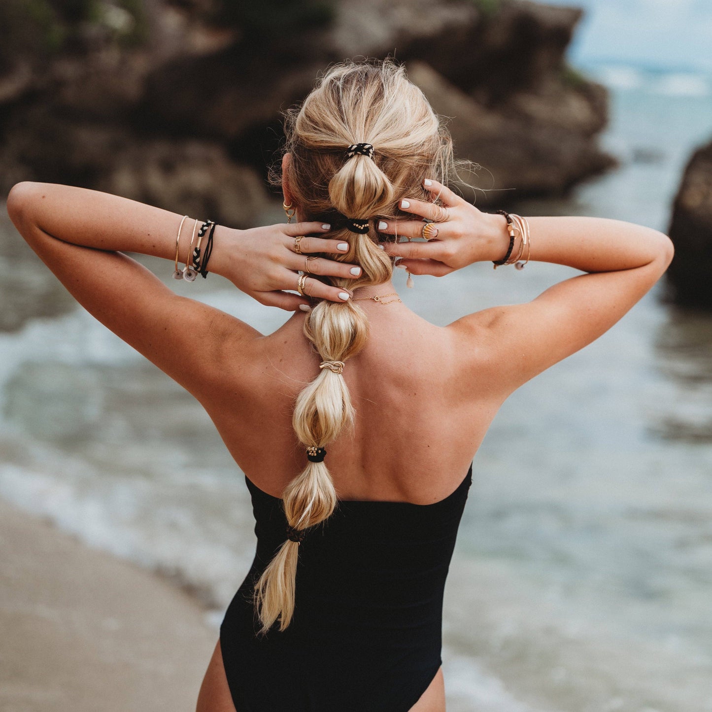 K'lani hair tie bracelets - "Connect" Black & Cream with Gold Accent Hair Tie Bracelets