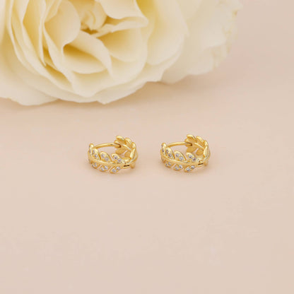 Melange Blanc - E043 gold leaf huggie earrings, leaf hoop earrings, huggies